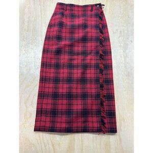 Breeches Plaid Wrap Skirt 100% Wool Fringe Trim Midi Vintage Made In USA Red 4